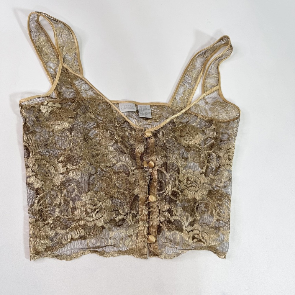 Cacique Lingerie Camisole Womens Medium Gold Lace Floral Button Front Satin
